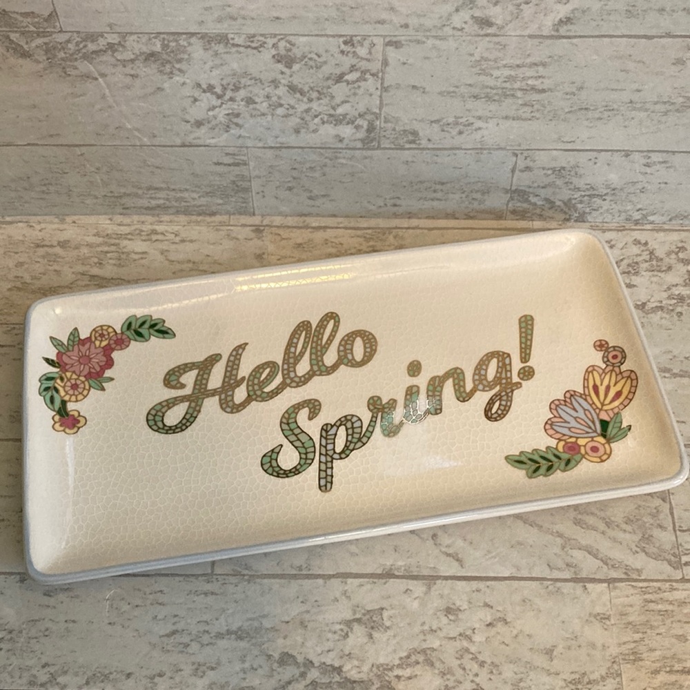 Floral “Hello Spring!” Crackled Ceramic Serving Tray Home Accent Decor